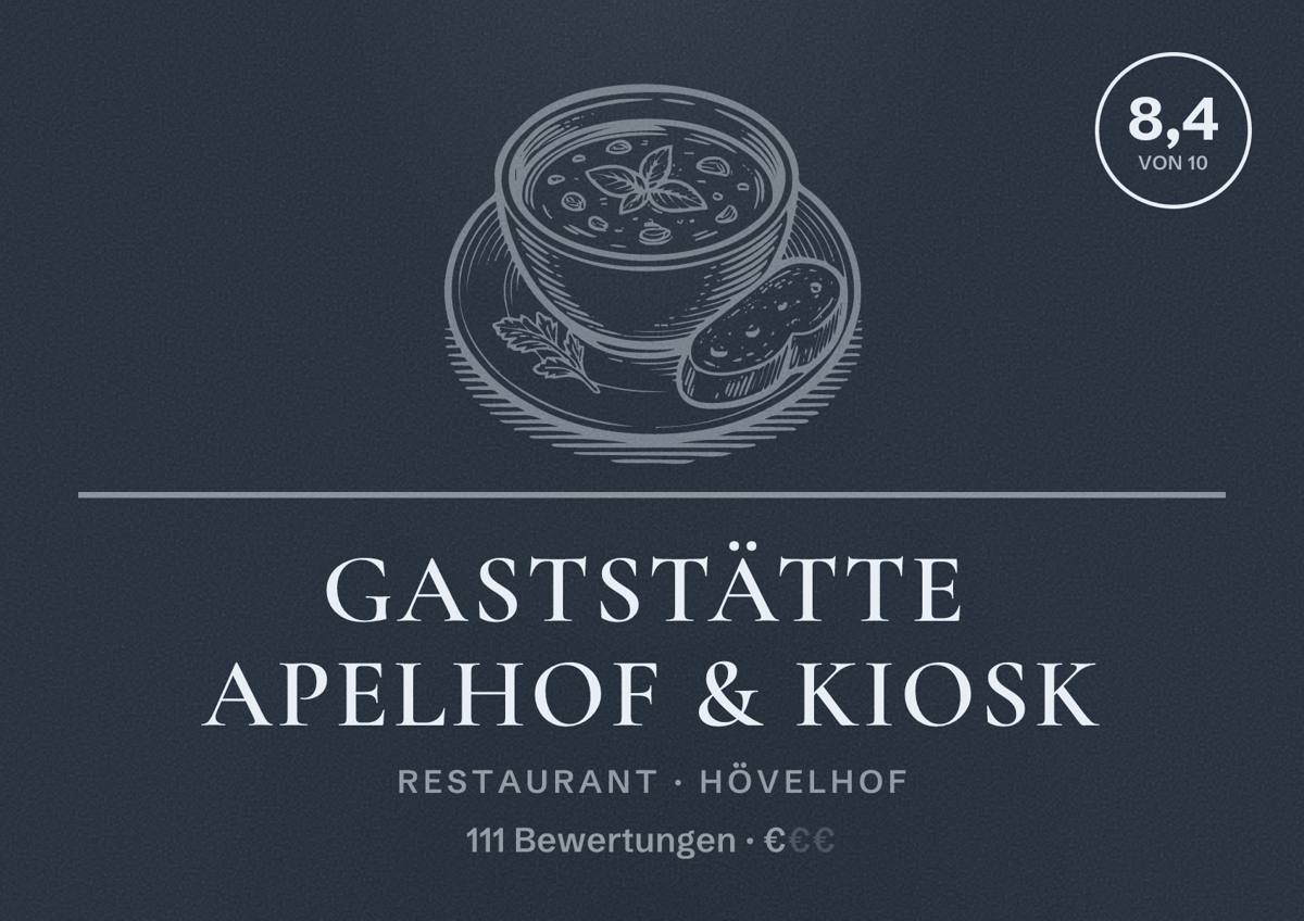 Illustriertes Poster von Gaststätte Apelhof & Kiosk, Restaurant in Hövelhof: Bewertung 8,4 von 10 aus 111 Bewertungen, Preisniveau €