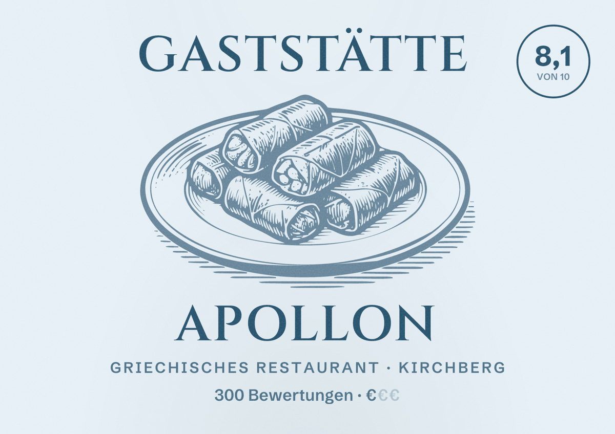 Illustriertes Poster von Gaststätte Apollon, Griechisches Restaurant in Kirchberg: Bewertung 8,1 von 10 aus 300 Bewertungen, Preisniveau €