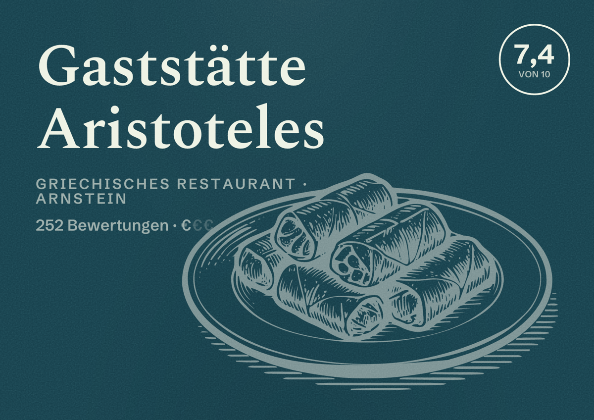 Illustriertes Poster von Gaststätte Aristoteles, Griechisches Restaurant in Arnstein: Bewertung 7,4 von 10 aus 252 Bewertungen, Preisniveau €