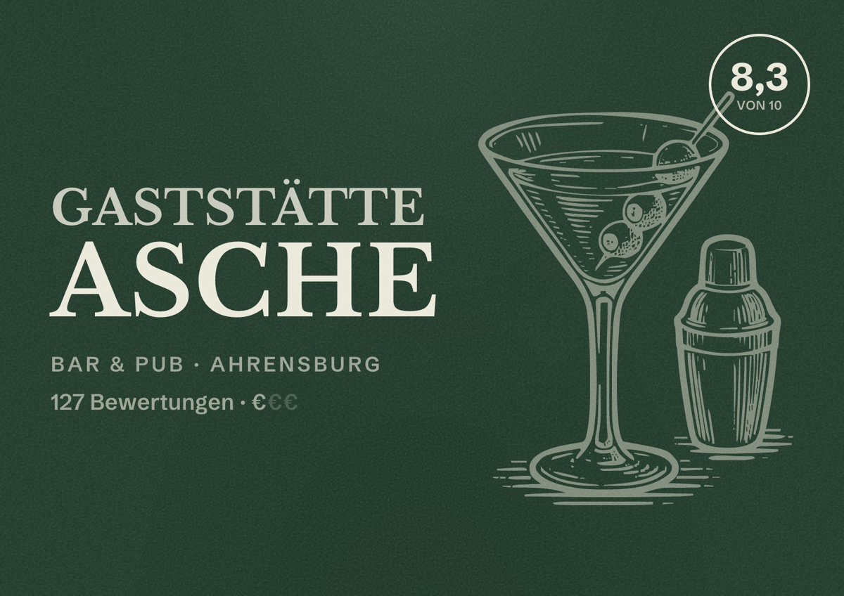 Illustriertes Poster von Gaststätte Asche, Bar & Pub in Ahrensburg: Bewertung 8,3 von 10 aus 127 Bewertungen, Preisniveau €