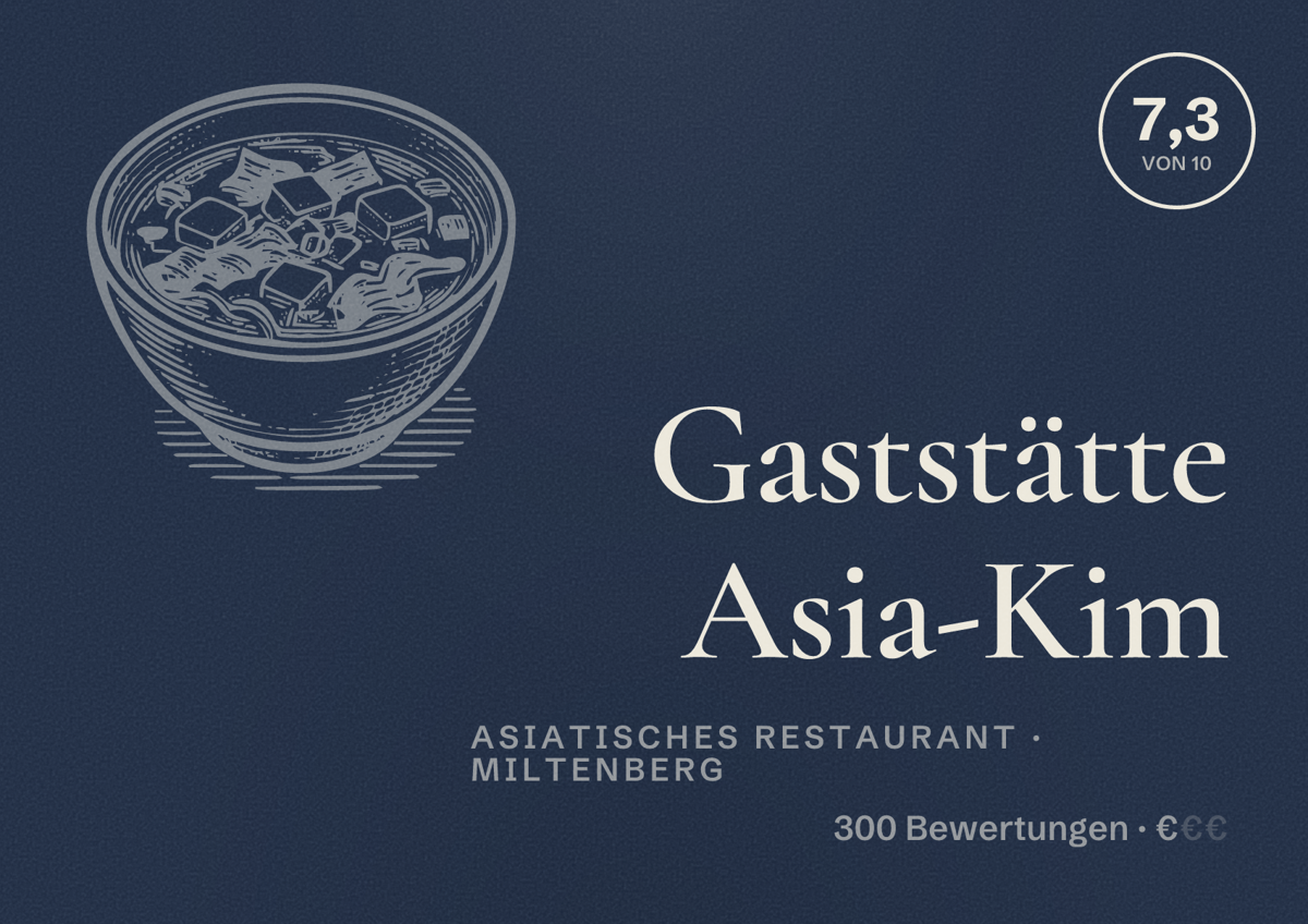 Illustriertes Poster von Gaststätte Asia-Kim, Asiatisches Restaurant in Miltenberg: Bewertung 7,3 von 10 aus 300 Bewertungen, Preisniveau €