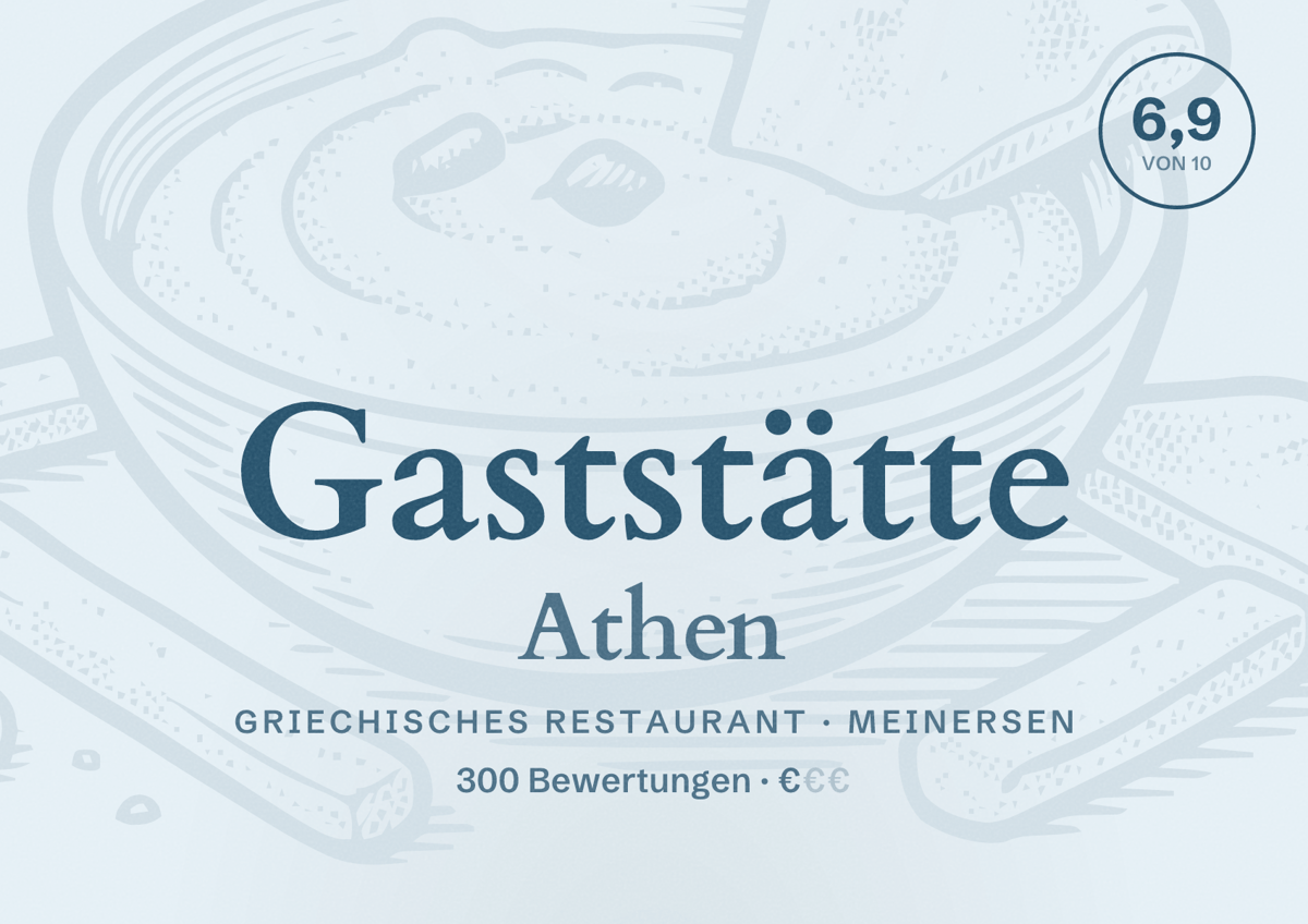 Illustriertes Poster von Gaststätte Athen, Griechisches Restaurant in Meinersen: Bewertung 6,9 von 10 aus 300 Bewertungen, Preisniveau €
