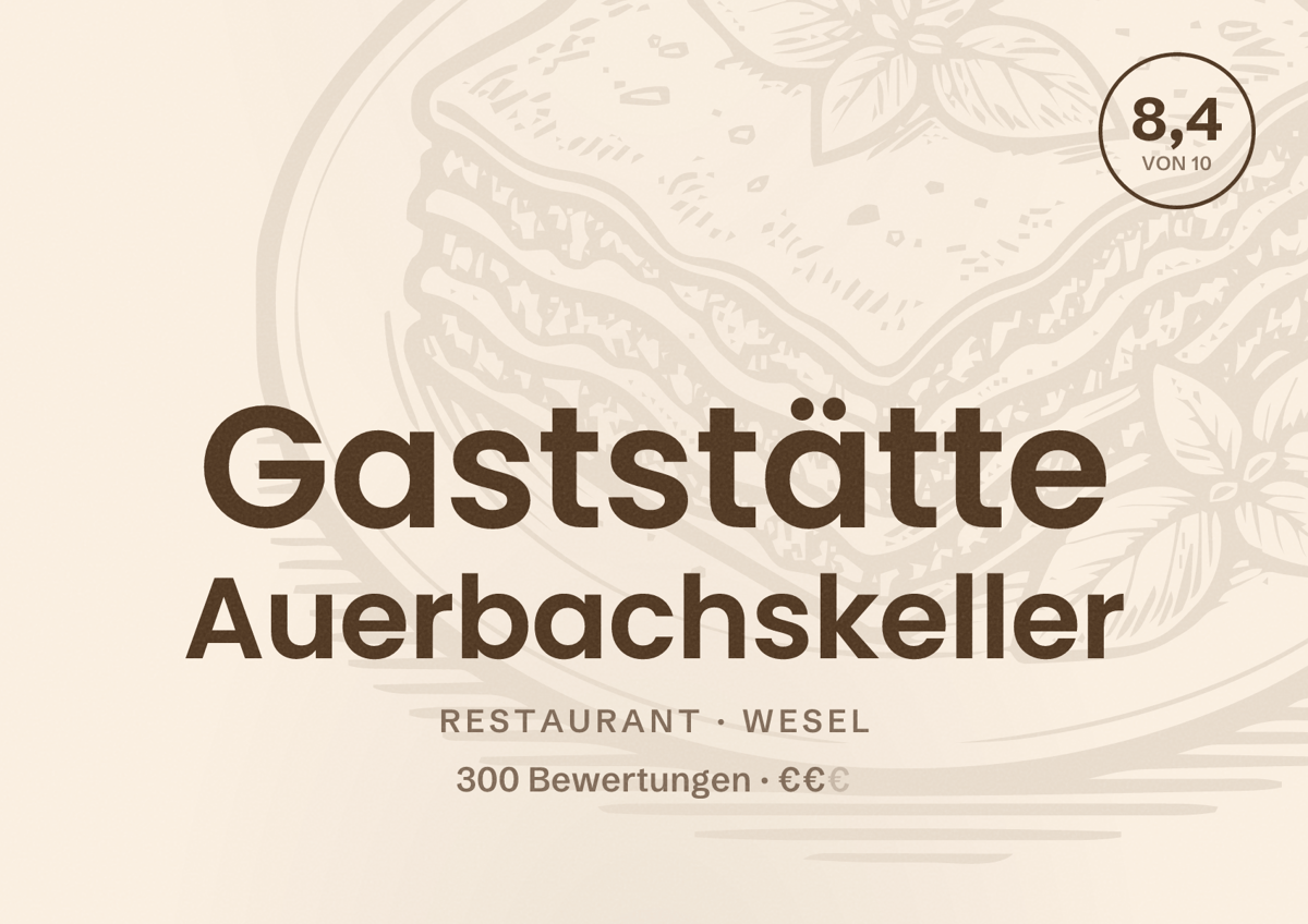 Illustriertes Poster von Gaststätte Auerbachskeller, Restaurant in Wesel: Bewertung 8,4 von 10 aus 300 Bewertungen, Preisniveau €€