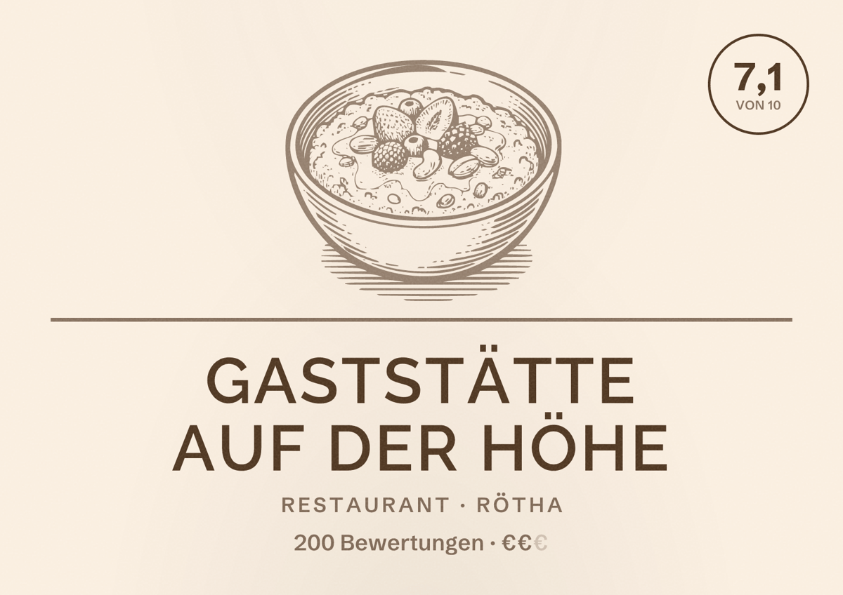 Illustriertes Poster von Gaststätte Auf der Höhe, Restaurant in Rötha: Bewertung 7,1 von 10 aus 200 Bewertungen, Preisniveau €€