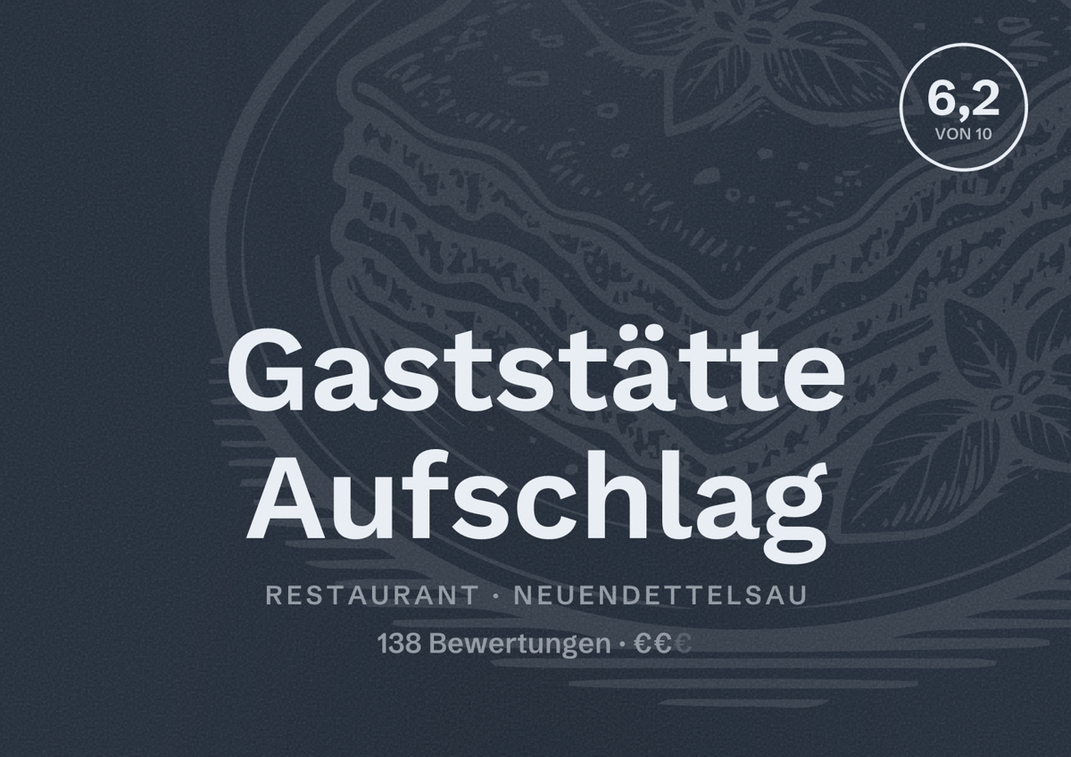 Illustriertes Poster von Gaststätte Aufschlag, Restaurant in Neuendettelsau: Bewertung 6,2 von 10 aus 138 Bewertungen, Preisniveau €€