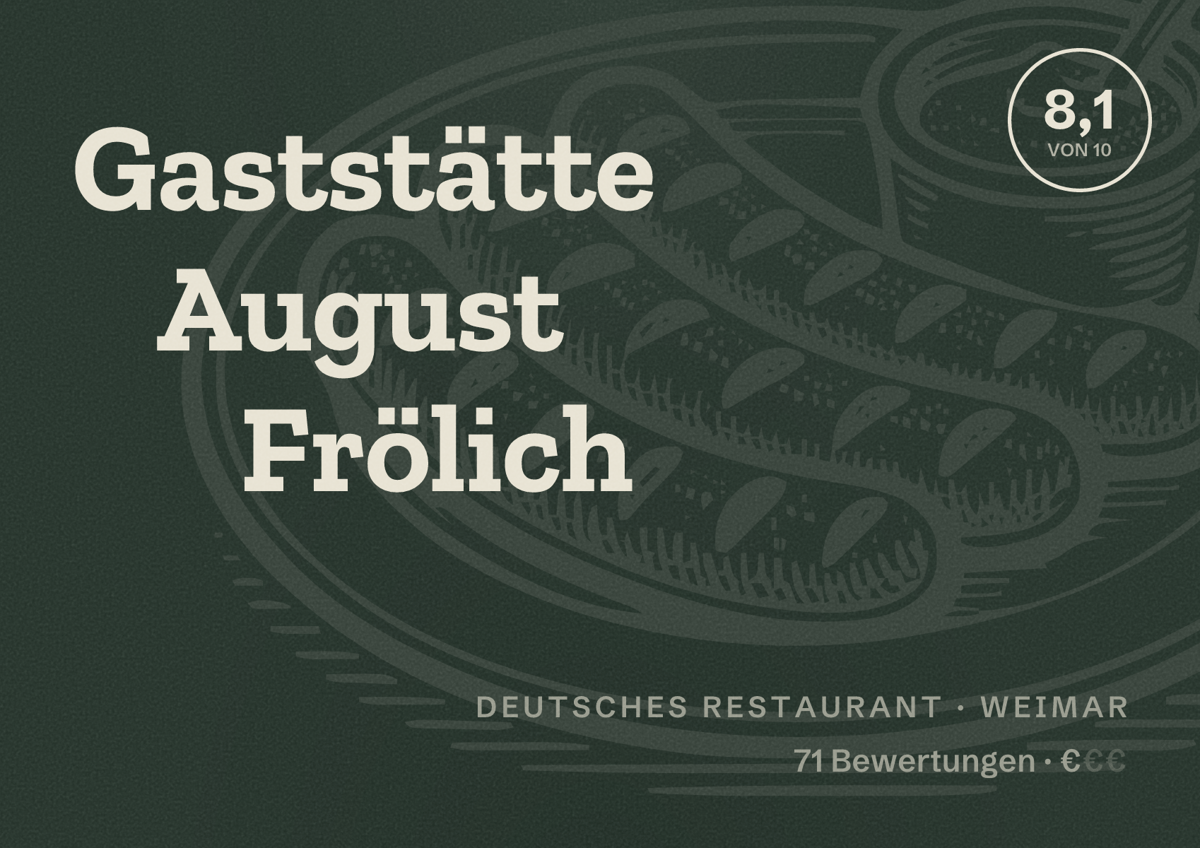 Illustriertes Poster von Gaststätte August Frölich, Deutsches Restaurant in Weimar: Bewertung 8,1 von 10 aus 71 Bewertungen, Preisniveau €