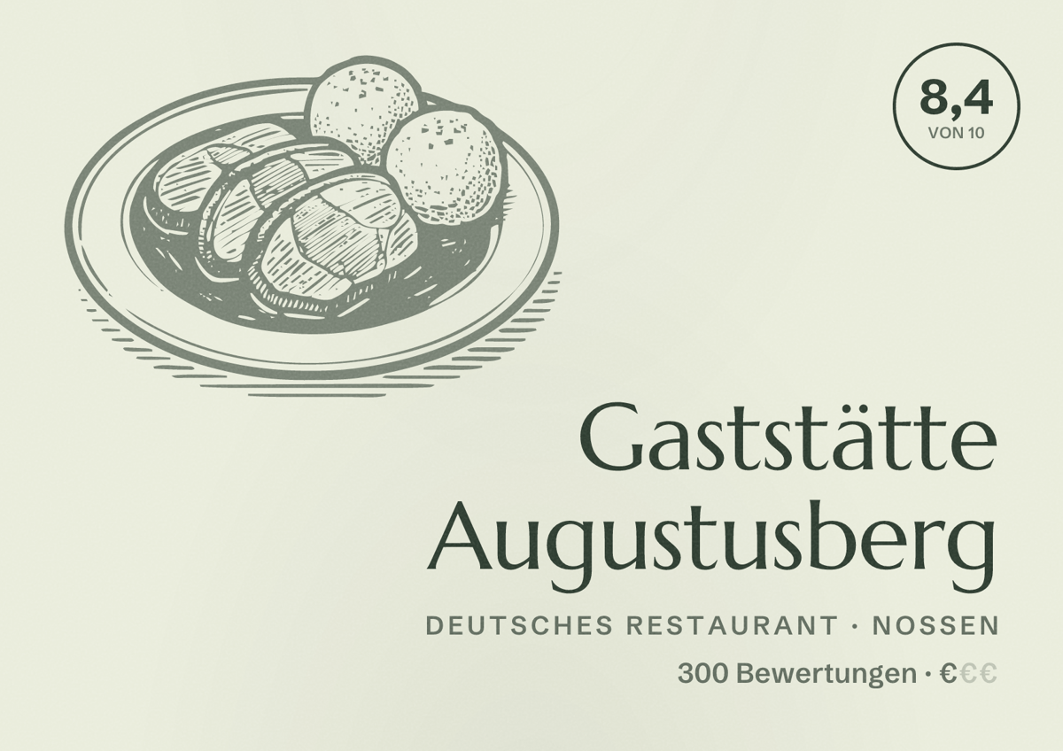 Illustriertes Poster von Gaststätte Augustusberg, Deutsches Restaurant in Nossen: Bewertung 8,4 von 10 aus 300 Bewertungen, Preisniveau €