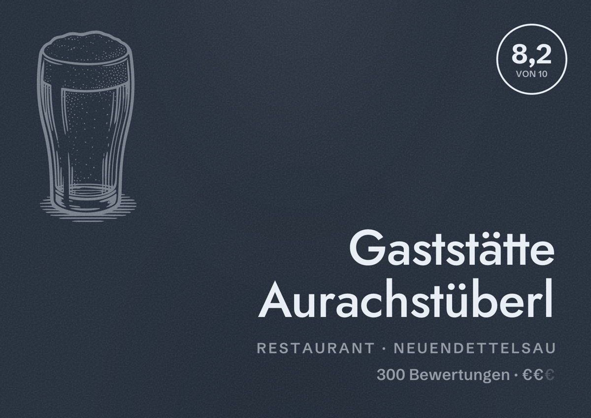 Illustriertes Poster von Gaststätte Aurachstüberl, Restaurant in Neuendettelsau: Bewertung 8,2 von 10 aus 300 Bewertungen, Preisniveau €€