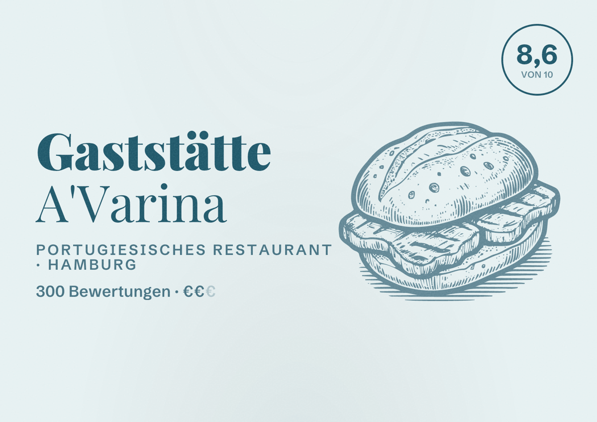 Illustriertes Poster von Gaststätte A'Varina, Portugiesisches Restaurant in Hamburg: Bewertung 8,6 von 10 aus 300 Bewertungen, Preisniveau €€