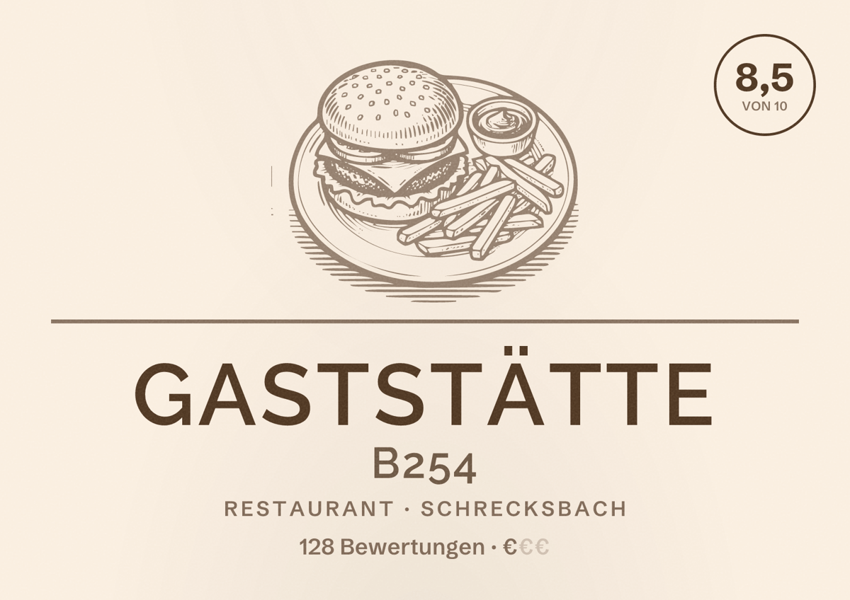 Illustriertes Poster von Gaststätte B254, Restaurant in Schrecksbach: Bewertung 8,5 von 10 aus 128 Bewertungen, Preisniveau €