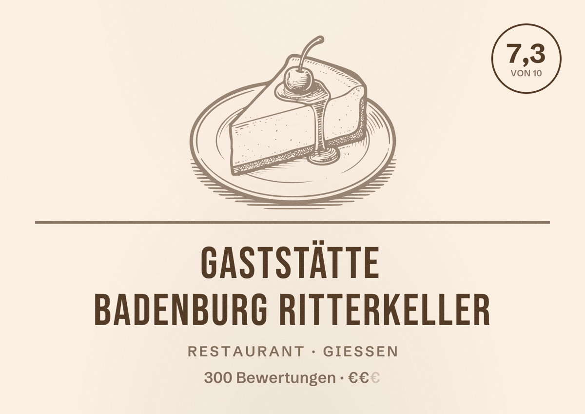 Illustriertes Poster von Gaststätte Badenburg Ritterkeller, Restaurant in Gießen: Bewertung 7,3 von 10 aus 300 Bewertungen, Preisniveau €€