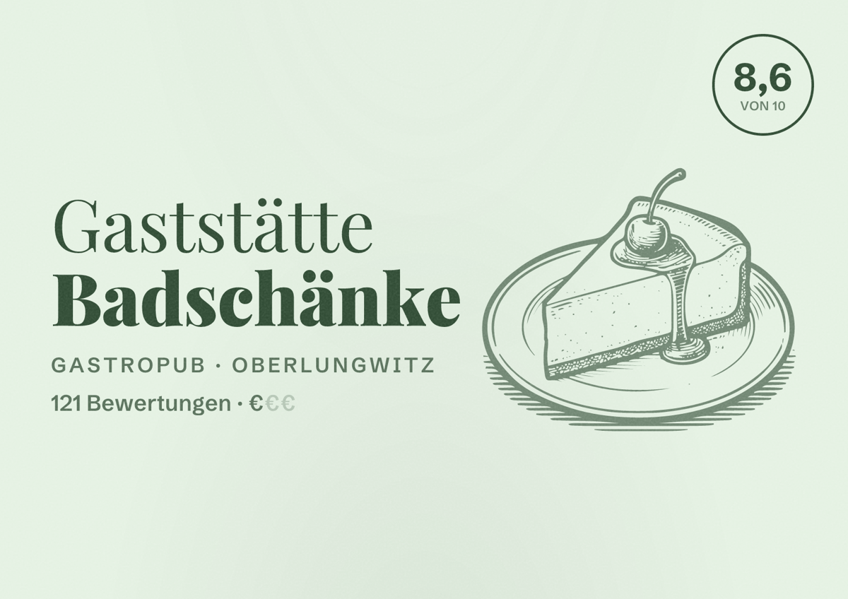 Illustriertes Poster von Gaststätte Badschänke, Gastropub in Oberlungwitz: Bewertung 8,6 von 10 aus 121 Bewertungen, Preisniveau €