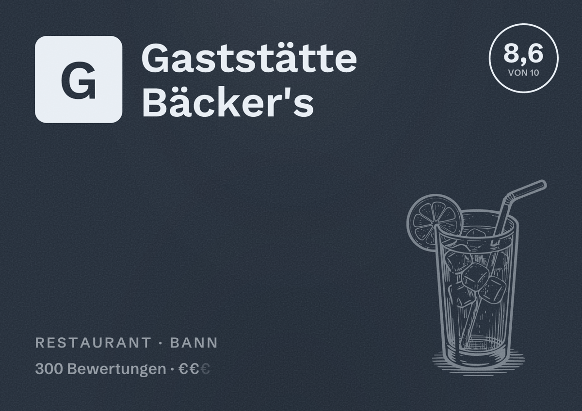 Illustriertes Poster von Gaststätte Bäcker's, Restaurant in Bann: Bewertung 8,6 von 10 aus 300 Bewertungen, Preisniveau €€