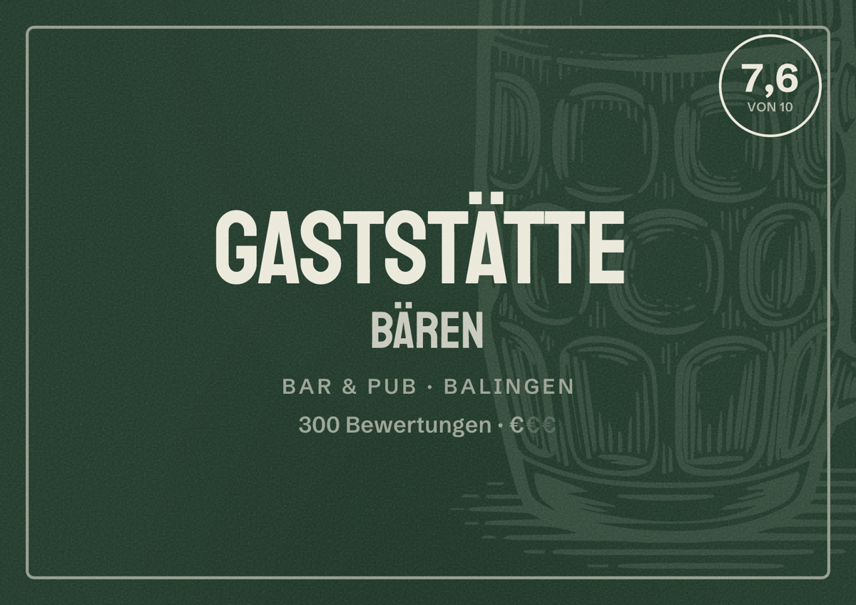 Illustriertes Poster von Gaststätte Bären, Bar & Pub in Balingen: Bewertung 7,6 von 10 aus 300 Bewertungen, Preisniveau €