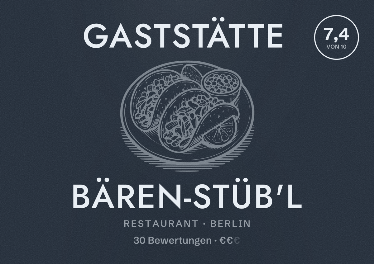 Illustriertes Poster von Gaststätte Bären-Stüb'l, Restaurant in Berlin: Bewertung 7,4 von 10 aus 30 Bewertungen, Preisniveau €€