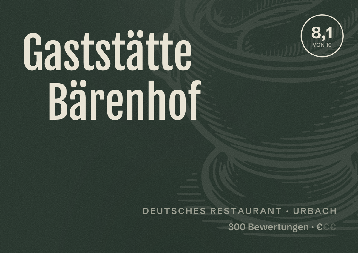 Illustriertes Poster von Gaststätte Bärenhof, Deutsches Restaurant in Urbach: Bewertung 8,1 von 10 aus 300 Bewertungen, Preisniveau €