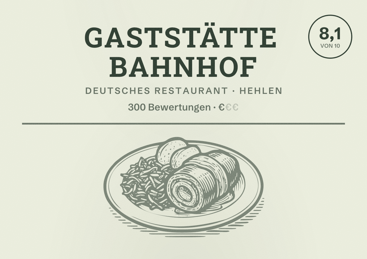 Illustriertes Poster von Gaststätte Bahnhof, Deutsches Restaurant in Hehlen: Bewertung 8,1 von 10 aus 300 Bewertungen, Preisniveau €
