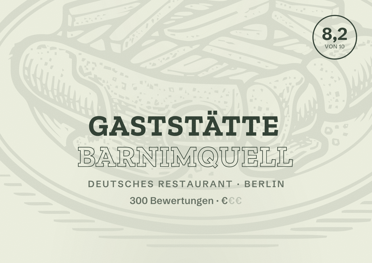 Illustriertes Poster von Gaststätte Barnimquell, Deutsches Restaurant in Berlin: Bewertung 8,2 von 10 aus 300 Bewertungen, Preisniveau €