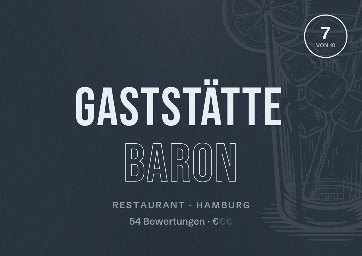 Illustriertes Poster von Gaststätte BARON, Restaurant in Hamburg: Bewertung 7 von 10 aus 54 Bewertungen, Preisniveau €