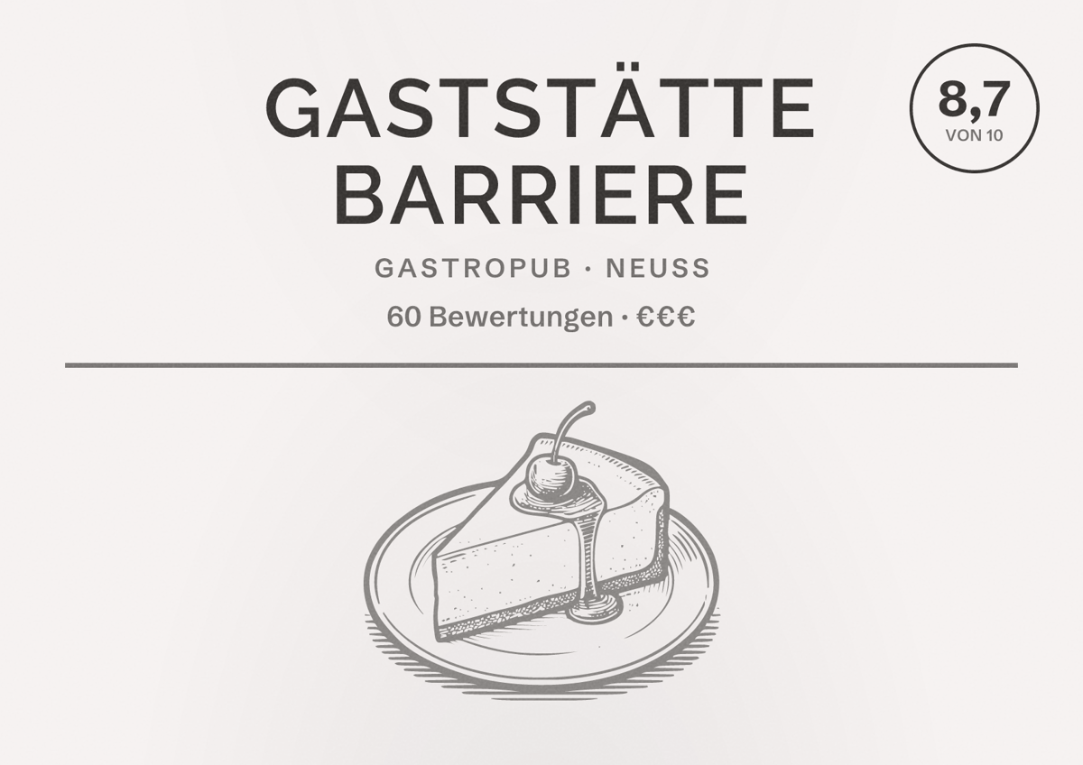 Illustriertes Poster von Gaststätte Barriere, Gastropub in Neuss: Bewertung 8,7 von 10 aus 60 Bewertungen, Preisniveau €€€