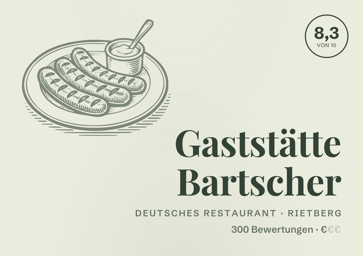 Illustriertes Poster von Gaststätte Bartscher, Deutsches Restaurant in Rietberg: Bewertung 8,3 von 10 aus 300 Bewertungen, Preisniveau €
