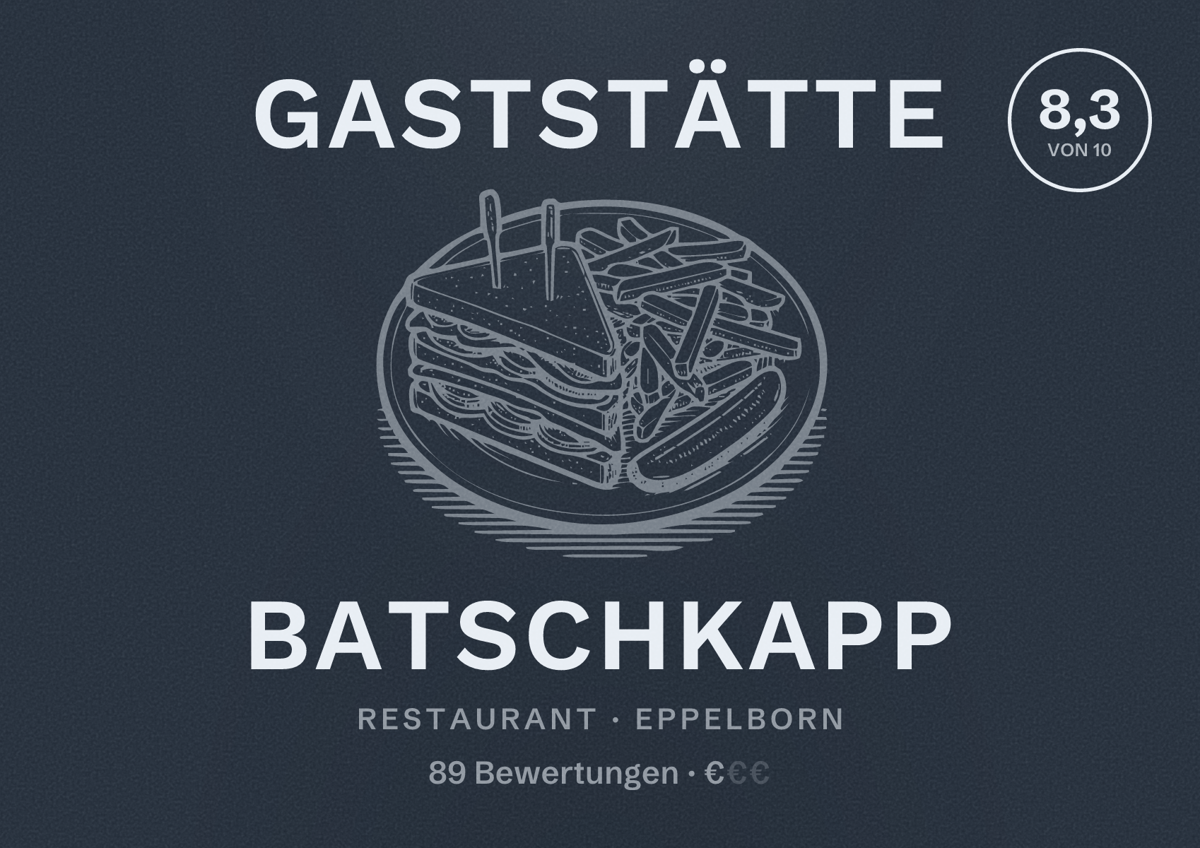Illustriertes Poster von Gaststätte Batschkapp, Restaurant in Eppelborn: Bewertung 8,3 von 10 aus 89 Bewertungen, Preisniveau €
