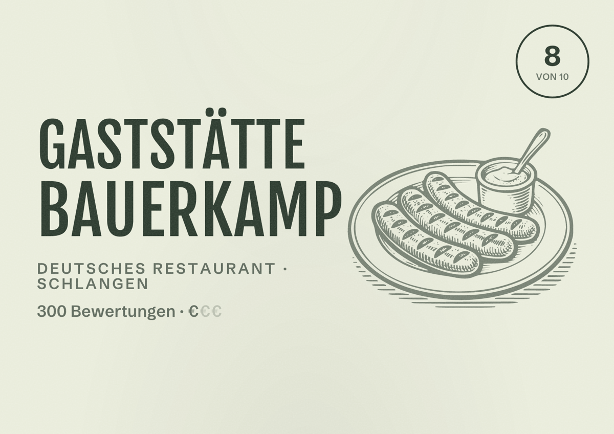 Illustriertes Poster von Gaststätte Bauerkamp, Deutsches Restaurant in Schlangen: Bewertung 8 von 10 aus 300 Bewertungen, Preisniveau €