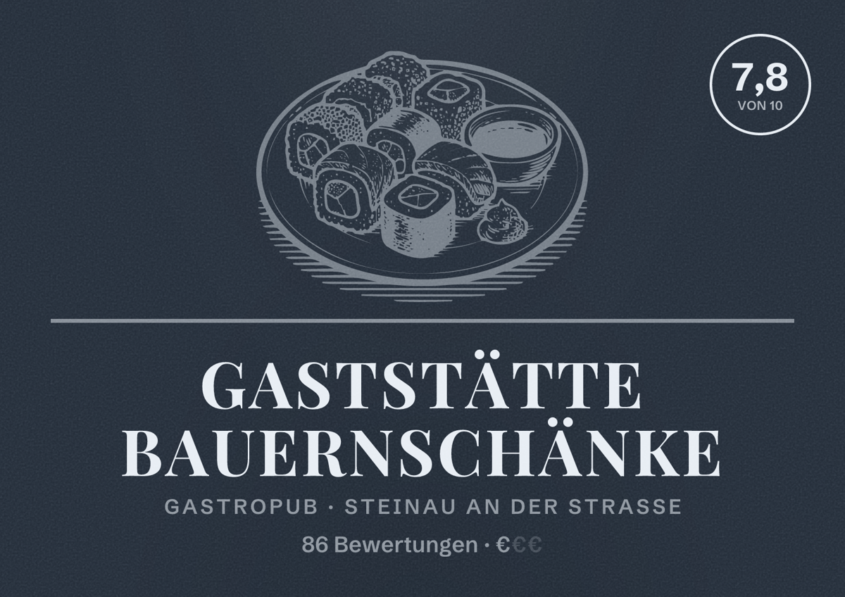 Illustriertes Poster von Gaststätte Bauernschänke, Gastropub in Steinau an der Straße: Bewertung 7,8 von 10 aus 86 Bewertungen, Preisniveau €