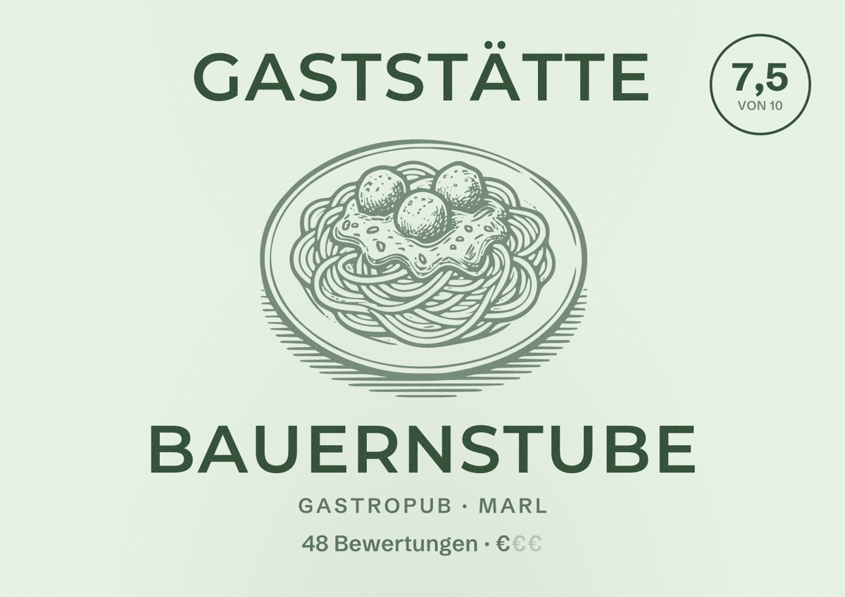 Illustriertes Poster von Gaststätte Bauernstube, Gastropub in Marl: Bewertung 7,5 von 10 aus 48 Bewertungen, Preisniveau €