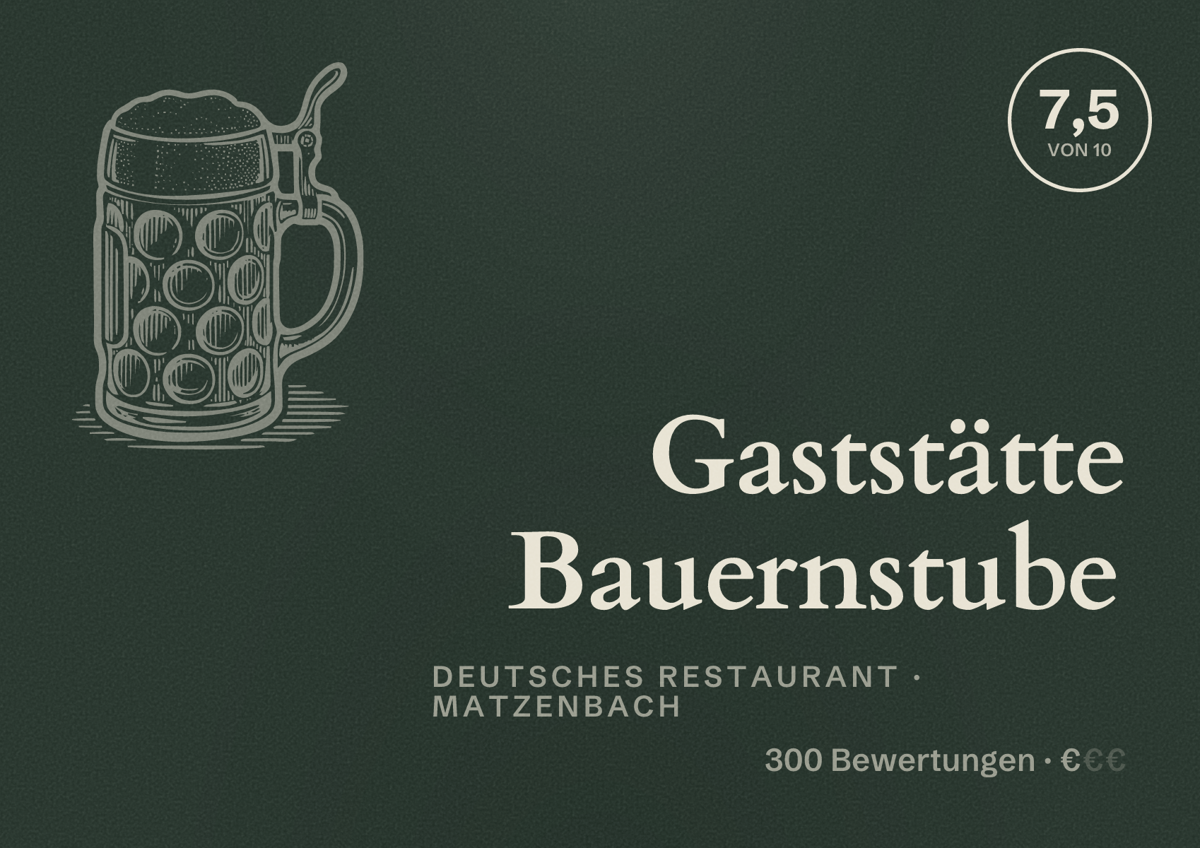 Illustriertes Poster von Gaststätte Bauernstube, Deutsches Restaurant in Matzenbach: Bewertung 7,5 von 10 aus 300 Bewertungen, Preisniveau €