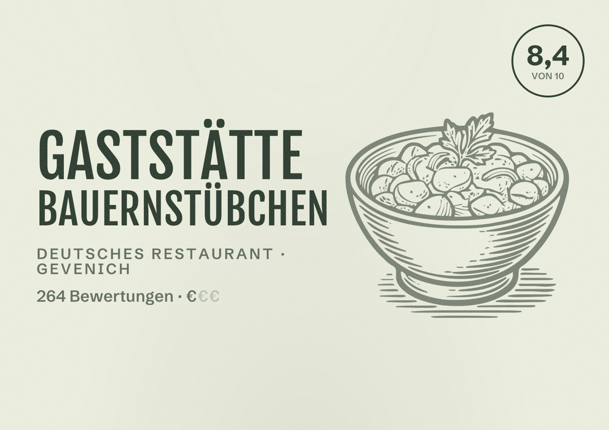 Illustriertes Poster von Gaststätte Bauernstübchen, Deutsches Restaurant in Gevenich: Bewertung 8,4 von 10 aus 264 Bewertungen, Preisniveau €