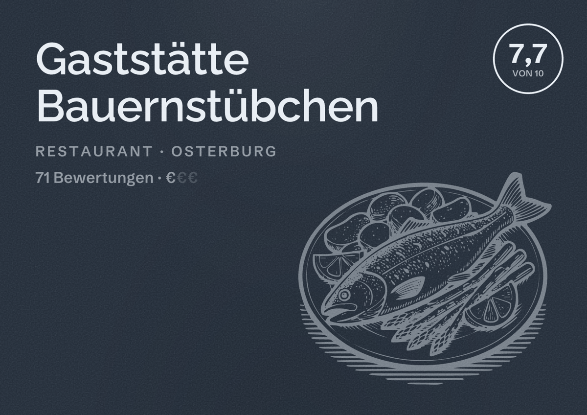 Illustriertes Poster von Gaststätte Bauernstübchen, Restaurant in Osterburg: Bewertung 7,7 von 10 aus 71 Bewertungen, Preisniveau €