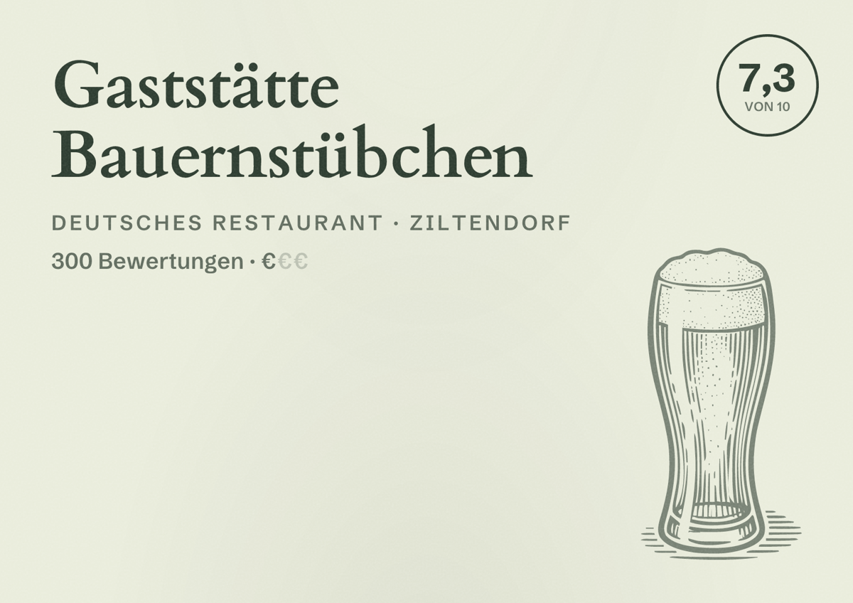 Illustriertes Poster von Gaststätte Bauernstübchen, Deutsches Restaurant in Ziltendorf: Bewertung 7,3 von 10 aus 300 Bewertungen, Preisniveau €