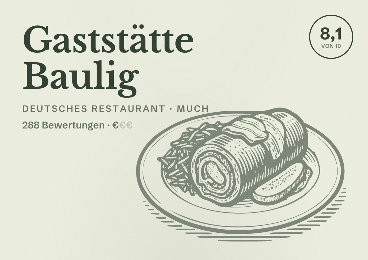 Illustriertes Poster von Gaststätte Baulig, Deutsches Restaurant in Much: Bewertung 8,1 von 10 aus 288 Bewertungen, Preisniveau €