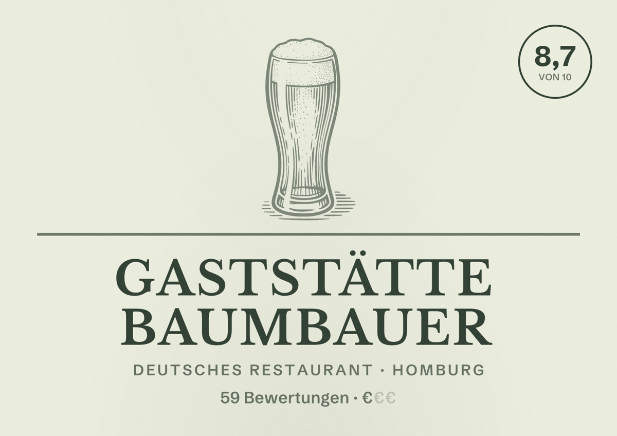 Illustriertes Poster von Gaststätte Baumbauer, Deutsches Restaurant in Homburg: Bewertung 8,7 von 10 aus 59 Bewertungen, Preisniveau €