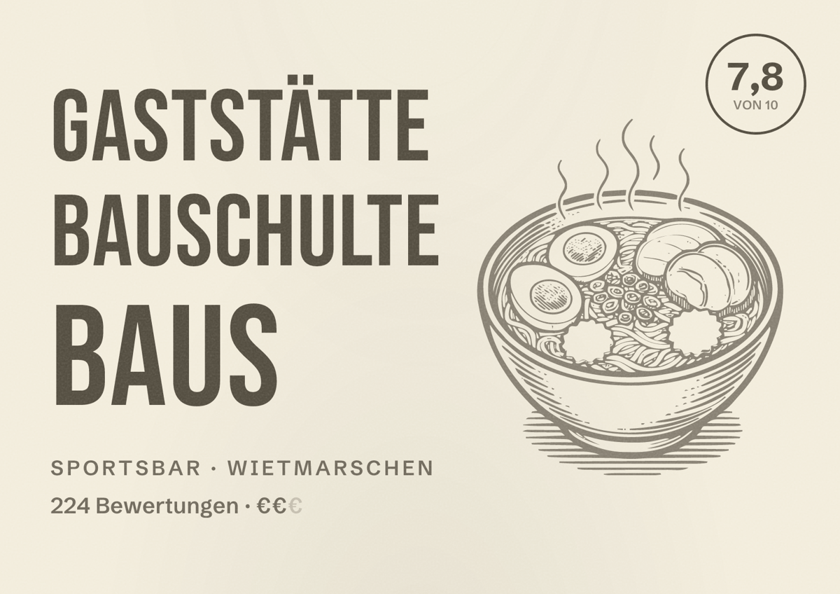 Illustriertes Poster von Gaststätte Bauschulte Baus, Sportsbar in Wietmarschen: Bewertung 7,8 von 10 aus 224 Bewertungen, Preisniveau €€