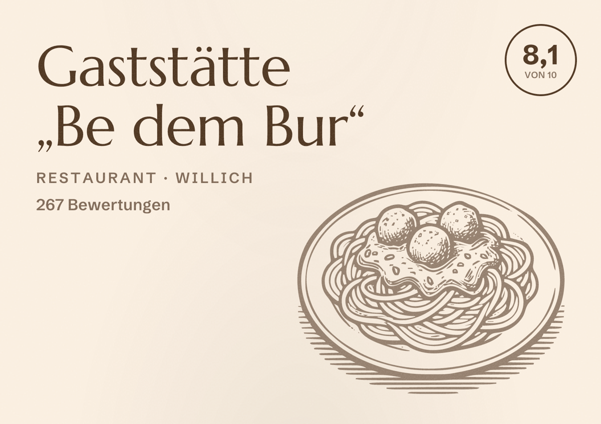 Illustriertes Poster von Gaststätte „Be dem Bur“, Restaurant in Willich: Bewertung 8,1 von 10 aus 267 Bewertungen
