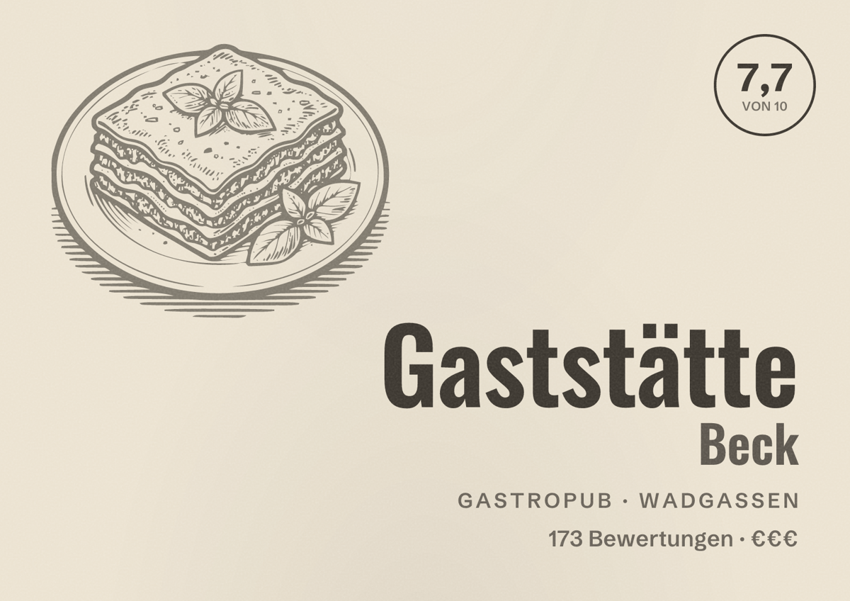 Illustriertes Poster von Gaststätte Beck, Gastropub in Wadgassen: Bewertung 7,7 von 10 aus 173 Bewertungen, Preisniveau €€€