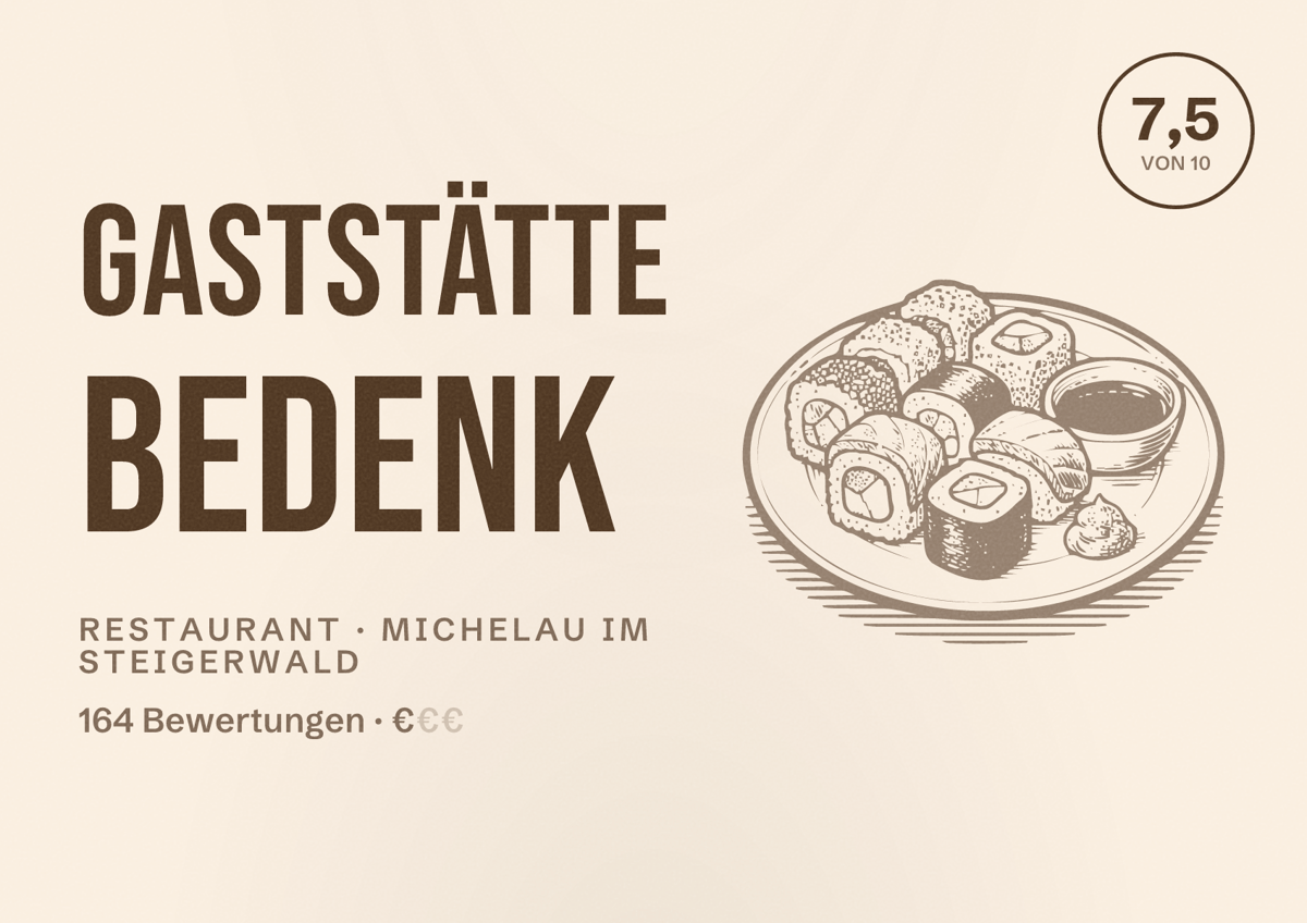 Illustriertes Poster von Gaststätte Bedenk, Restaurant in Michelau im Steigerwald: Bewertung 7,5 von 10 aus 164 Bewertungen, Preisniveau €