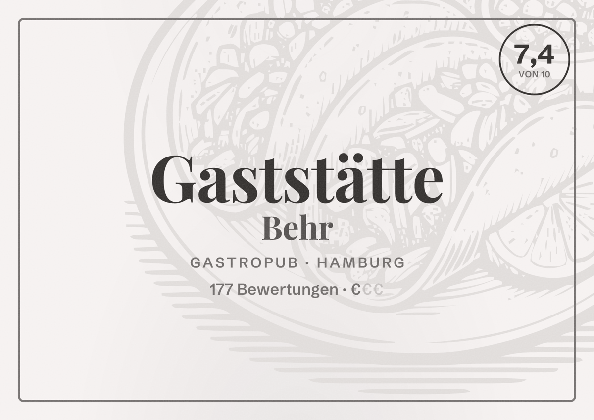 Illustriertes Poster von Gaststätte Behr, Gastropub in Hamburg: Bewertung 7,4 von 10 aus 177 Bewertungen, Preisniveau €
