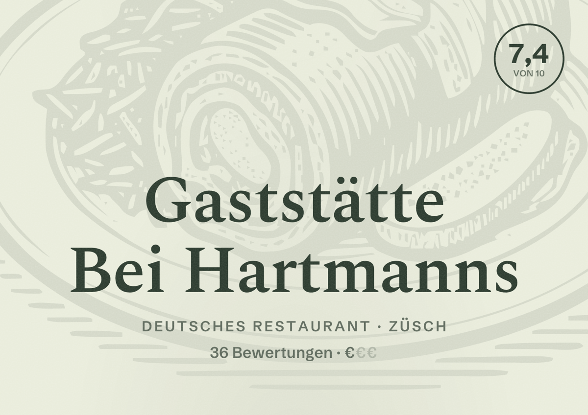 Illustriertes Poster von Gaststätte Bei Hartmanns, Deutsches Restaurant in Züsch: Bewertung 7,4 von 10 aus 36 Bewertungen, Preisniveau €