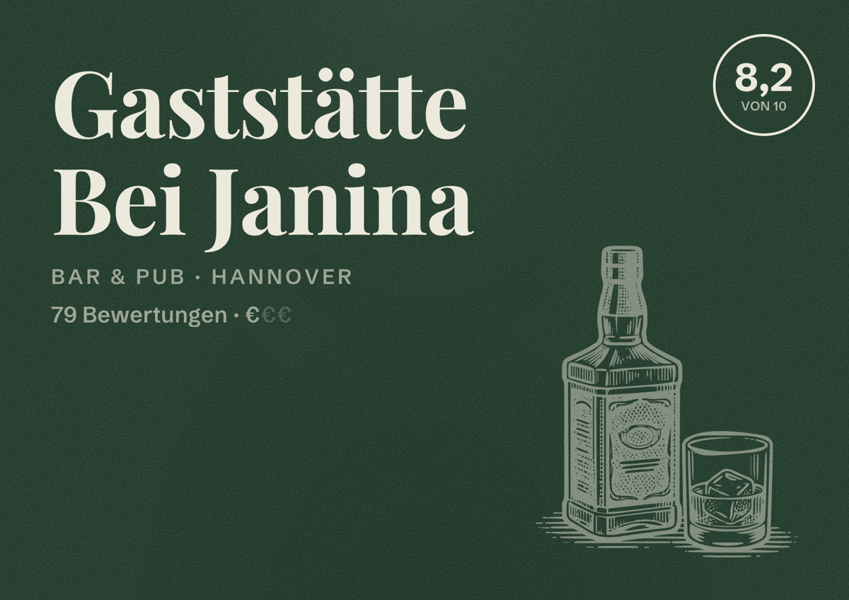 Illustriertes Poster von Gaststätte Bei Janina, Bar & Pub in Hannover: Bewertung 8,2 von 10 aus 79 Bewertungen, Preisniveau €