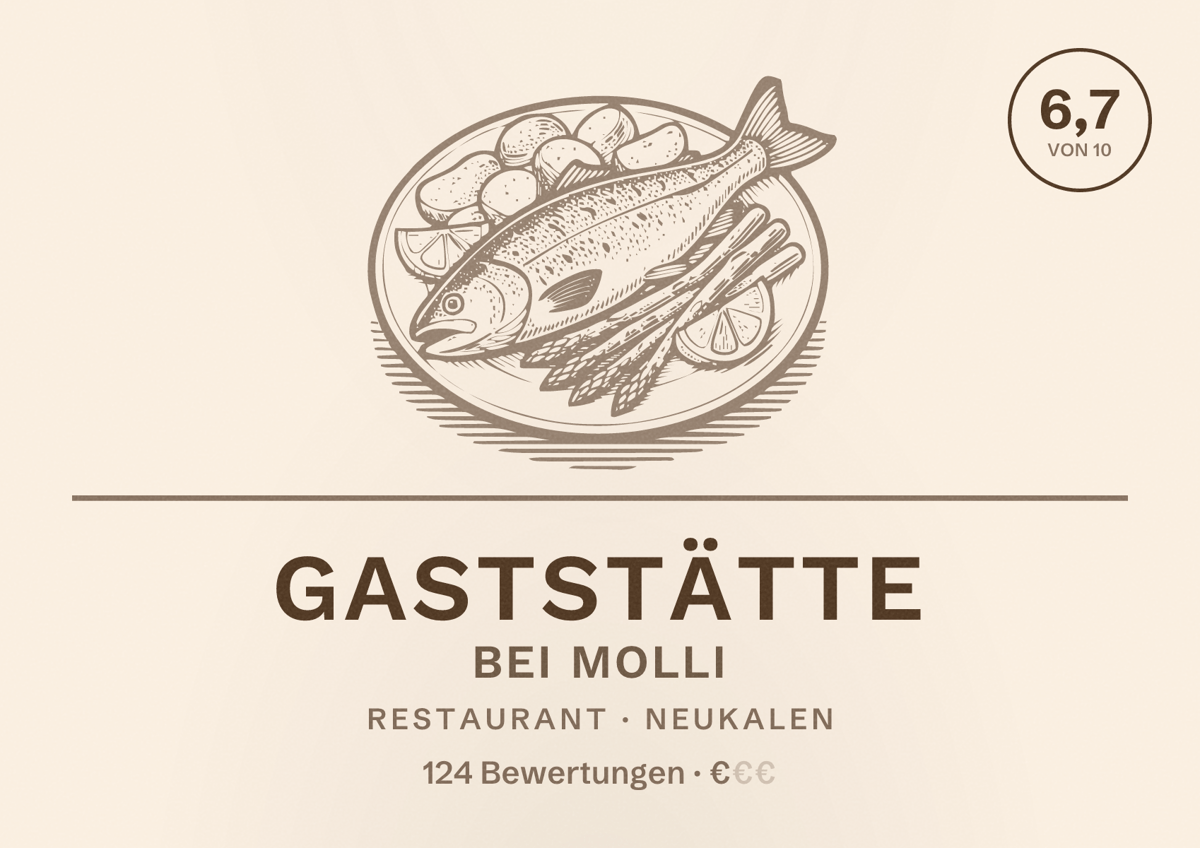 Illustriertes Poster von Gaststätte Bei Molli, Restaurant in Neukalen: Bewertung 6,7 von 10 aus 124 Bewertungen, Preisniveau €