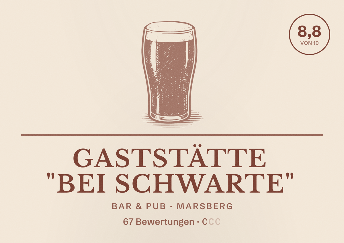 Illustriertes Poster von Gaststätte "Bei Schwarte", Bar & Pub in Marsberg: Bewertung 8,8 von 10 aus 67 Bewertungen, Preisniveau €