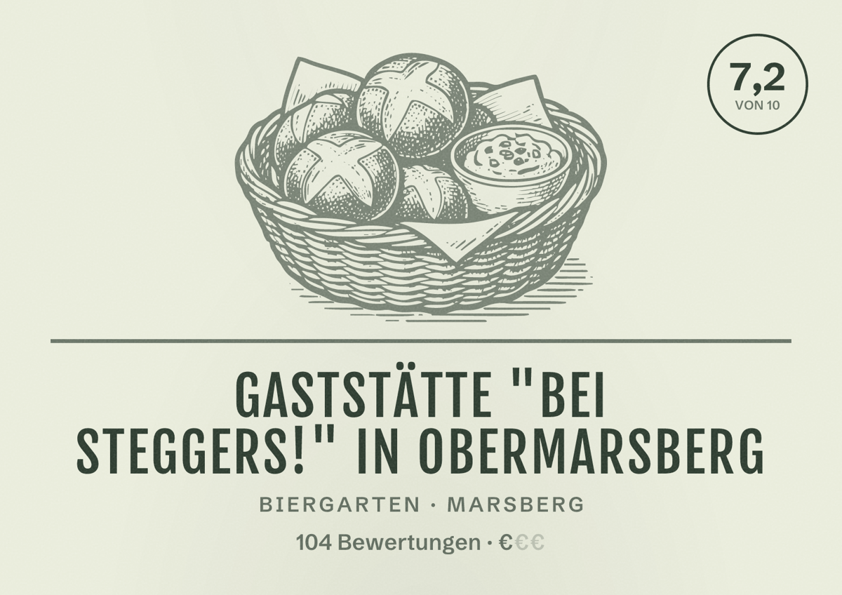 Illustriertes Poster von Gaststätte "Bei Steggers!" in Obermarsberg, Biergarten in Marsberg: Bewertung 7,2 von 10 aus 104 Bewertungen, Preisniveau €