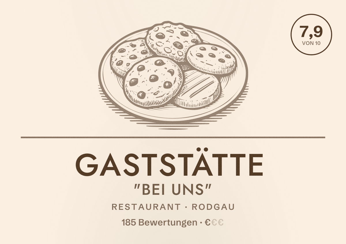 Illustriertes Poster von Gaststätte "Bei Uns", Restaurant in Rodgau: Bewertung 7,9 von 10 aus 185 Bewertungen, Preisniveau €