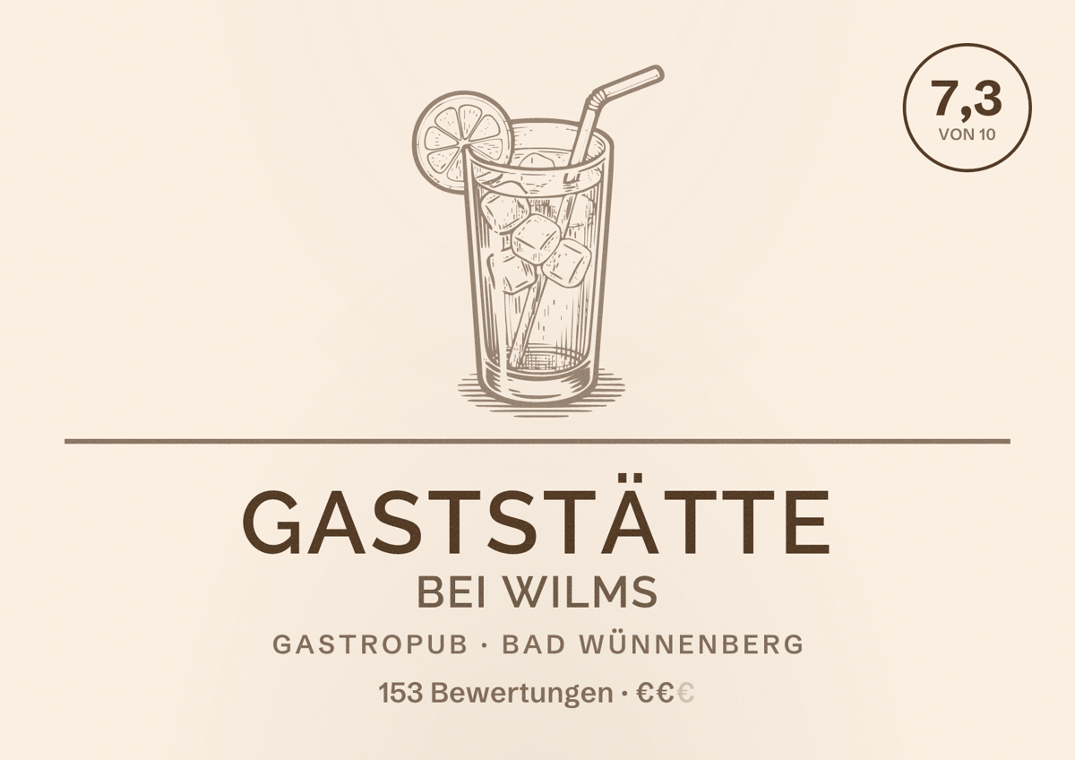 Illustriertes Poster von Gaststätte Bei Wilms, Gastropub in Bad Wünnenberg: Bewertung 7,3 von 10 aus 153 Bewertungen, Preisniveau €€