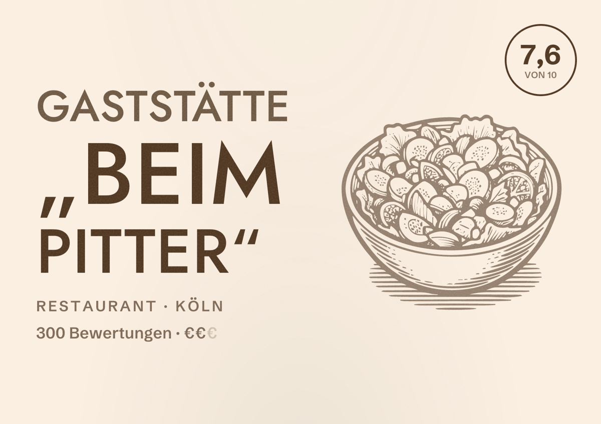 Illustriertes Poster von Gaststätte „Beim Pitter“, Restaurant in Köln: Bewertung 7,6 von 10 aus 300 Bewertungen, Preisniveau €€