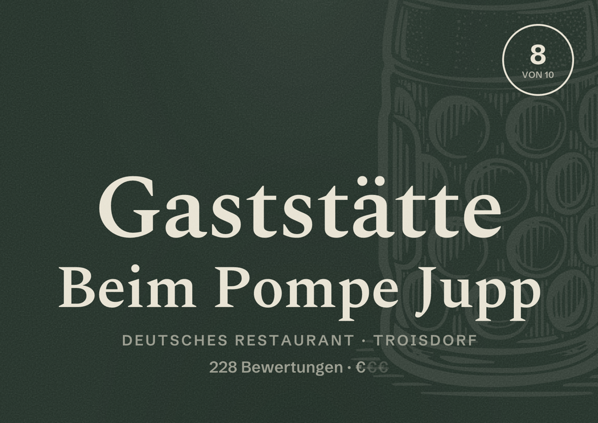 Illustriertes Poster von Gaststätte Beim Pompe Jupp, Deutsches Restaurant in Troisdorf: Bewertung 8 von 10 aus 228 Bewertungen, Preisniveau €