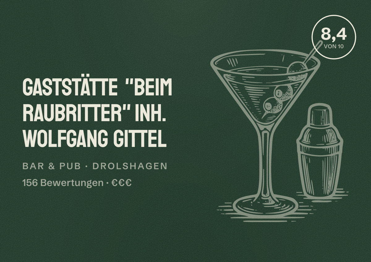 Illustriertes Poster von Gaststätte "Beim Raubritter" Inh. Wolfgang Gittel, Bar & Pub in Drolshagen: Bewertung 8,4 von 10 aus 156 Bewertungen, Preisniveau €€€